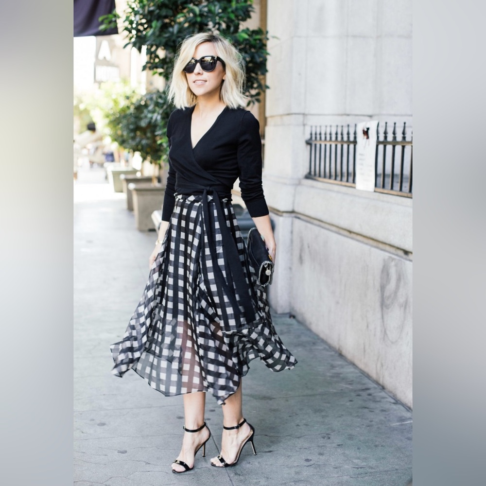 Marissa Webb Silk Midi Skirt Set Black White Check Wrap Top Designer Size 4